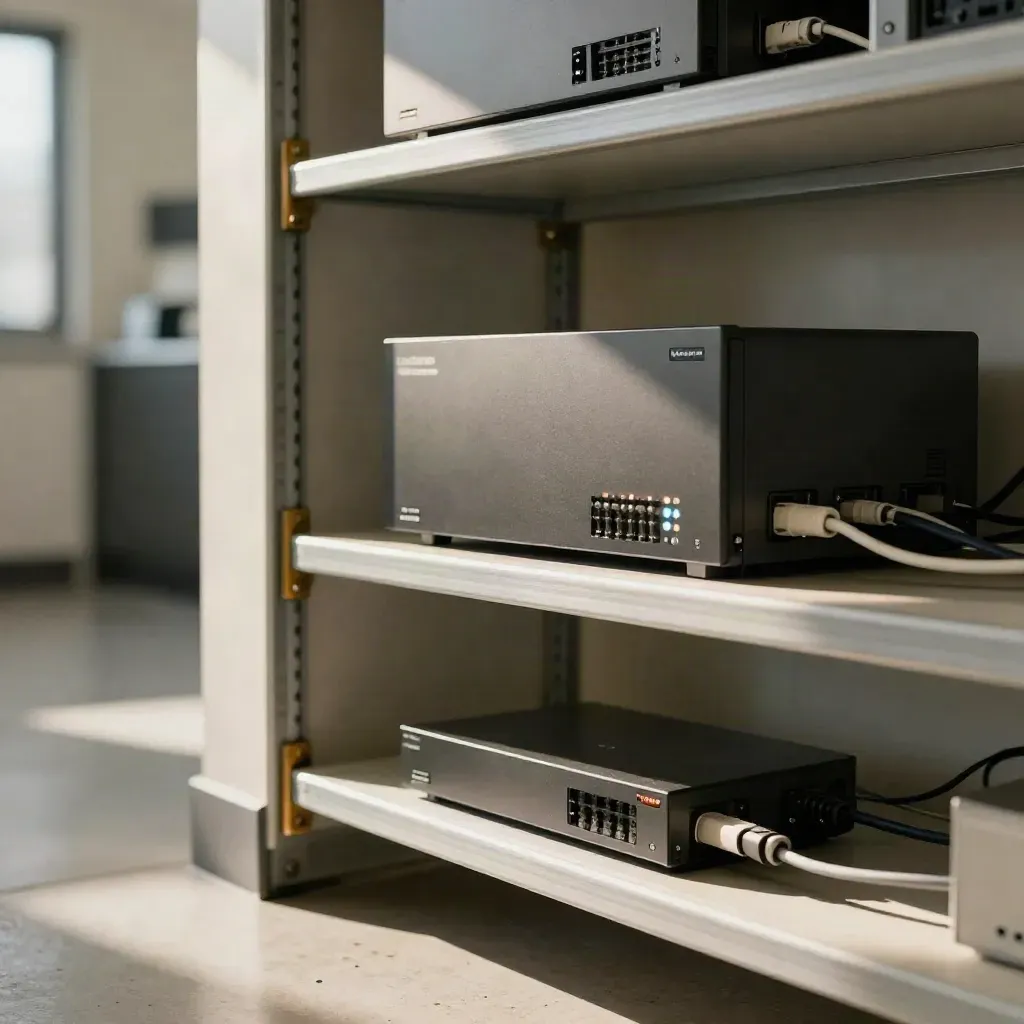 Quiet finance closet shelf with tuned security hardware and calmer indicator lights