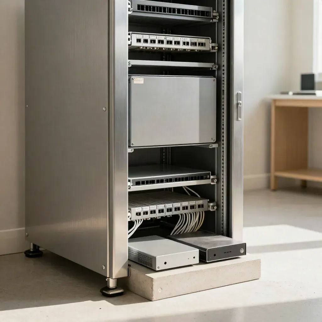Locked server rack with sealed ports, firewall and endpoint devices in a bright small server room.
