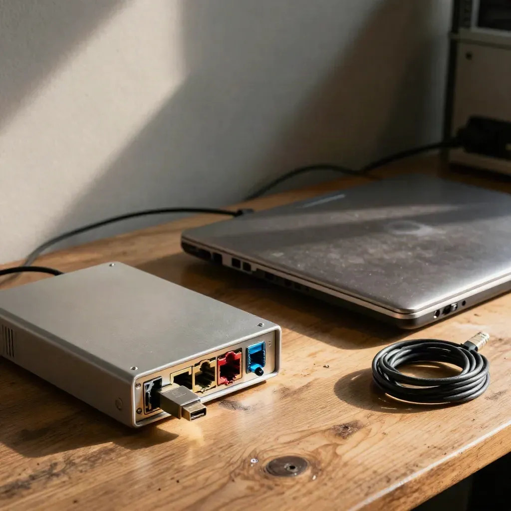 Closed laptop, test dongle and tamper-sealed router on a warm workbench