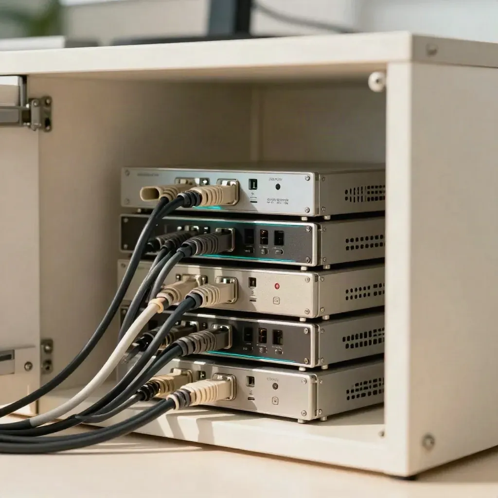 Firewall appliance and three hardened endpoints glowing in a bright utility corner