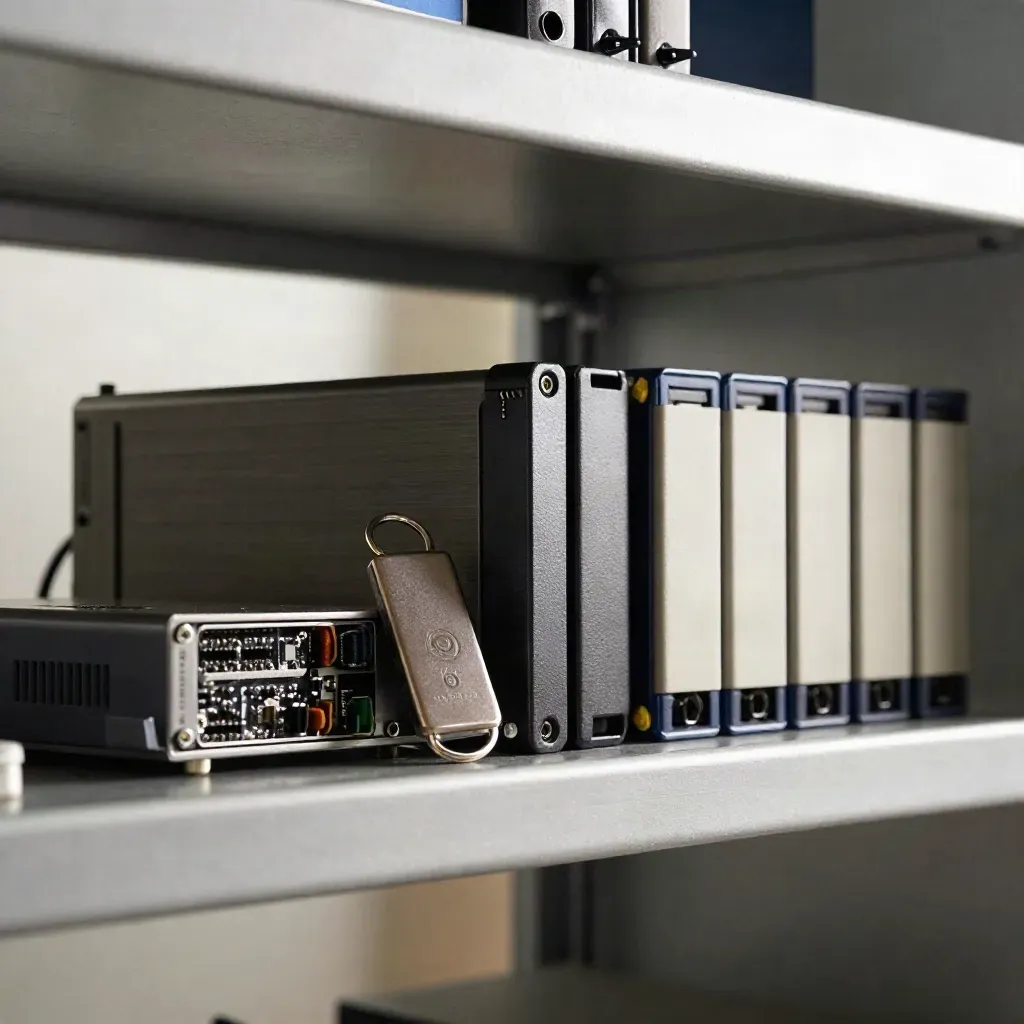 Low-angle macro of hardened gateway hardware, encrypted drives, and backup stack on a steel shelf.