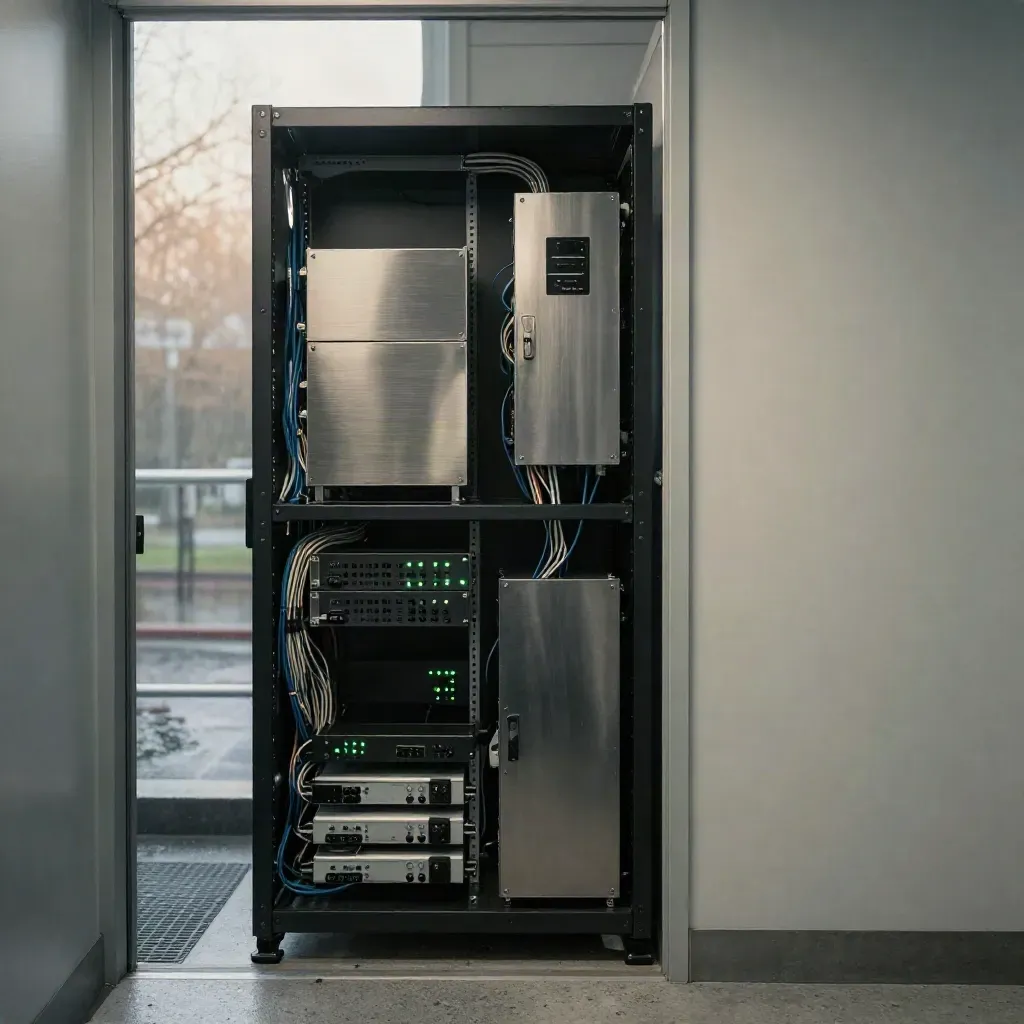 Low-angle server closet with glowing green status lights, racks, and cable runs in morning haze.