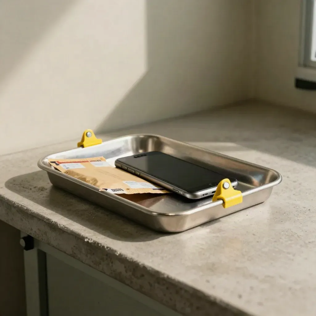 Phishing training station with a face-down smartphone, torn envelope, quarantine tray, and yellow warning clip.