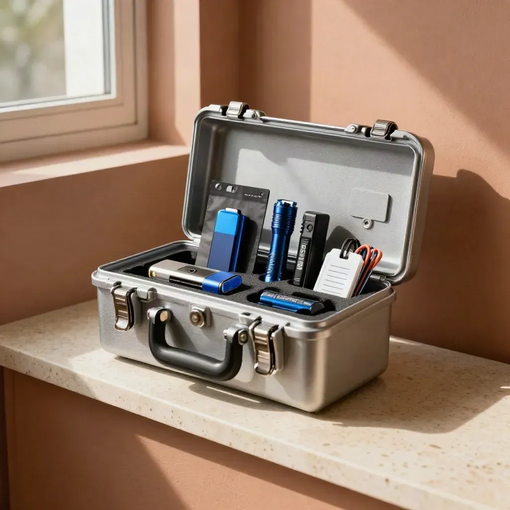 Incident-response kit with case, sealed drive, flashlight, battery and cable tags on a sunlit ledge.