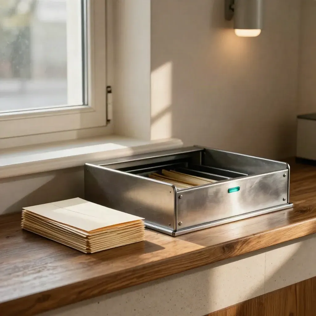 Mail intake tray with quarantined envelopes and a soft teal alert light in a warm office nook.