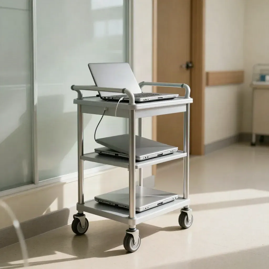Docked clinic laptop cart beside privacy shutters, ready for the next shift.