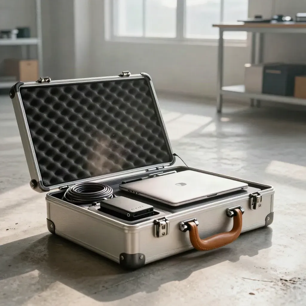Open hard case with cyber security travel kit on a dim concrete floor, lit dramatically from above left.