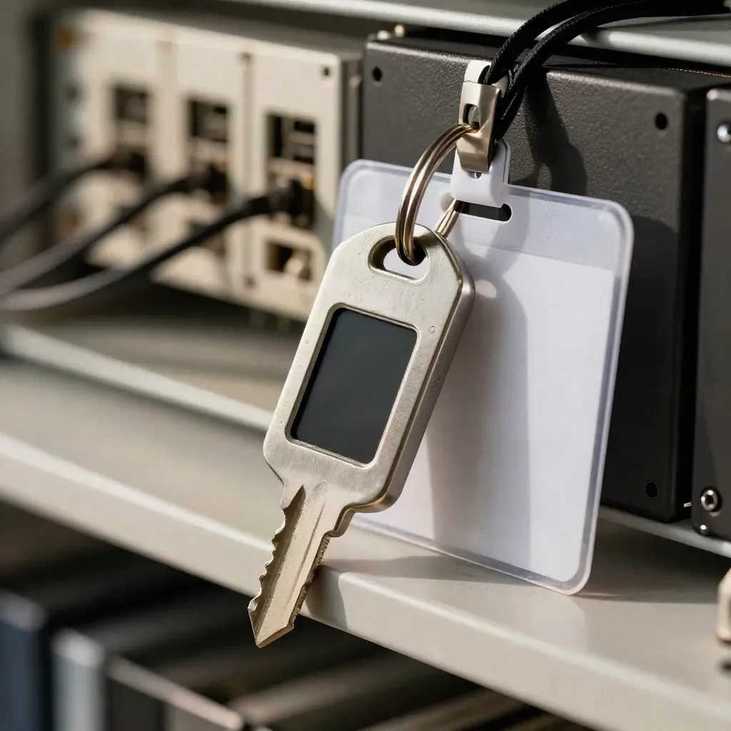 Hardware security key, MFA token, and sealed incident badge clipped to a dark rack shelf.