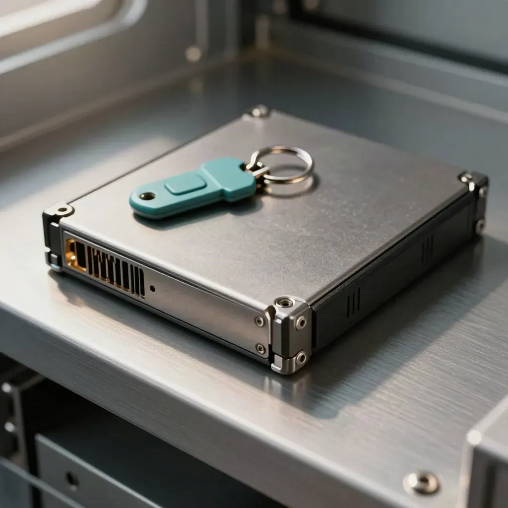 Cloud-security hardware tray with gateway module, encrypted drive case and MFA key ring on brushed aluminum.