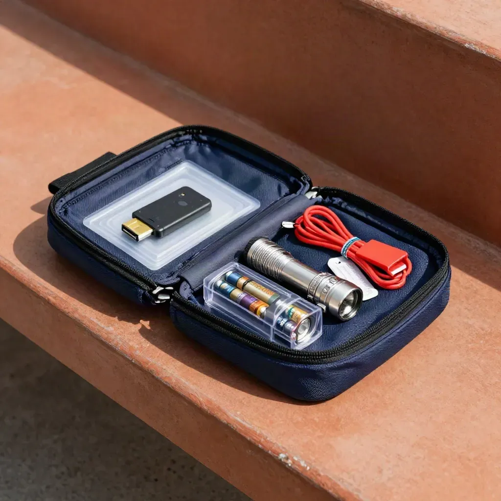 Incident-response go-bag with flash drive, flashlight, batteries, and cable tags on terracotta concrete.