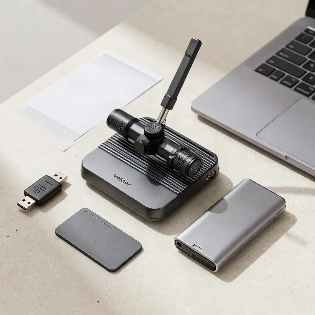 Overhead still life of router, laptop dock, security key, keycard holder, and encrypted drive on stone.