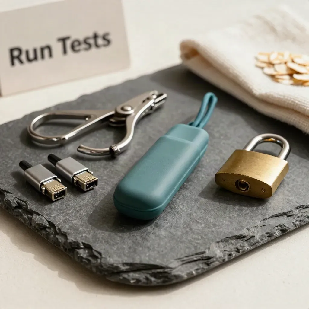 Pentest tools on a stone tray with a padlock, dongle and adapters in soft side light