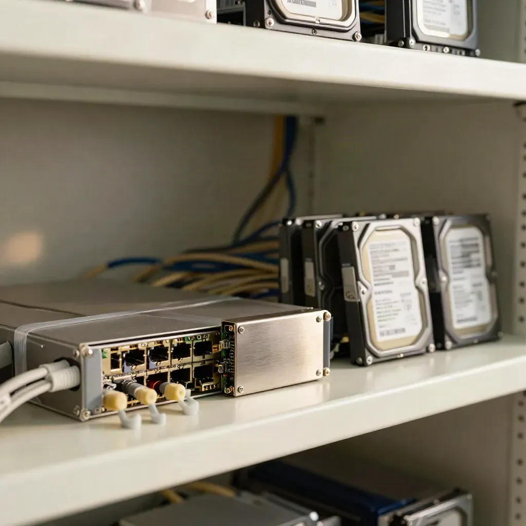 Replacement firewall module, port blockers, cable ties and backup drives on a pale shelf in a server closet