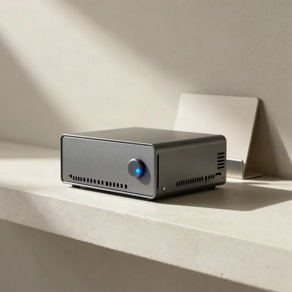 Security gateway, alert puck and battery backup on a stone shelf with blue status glow