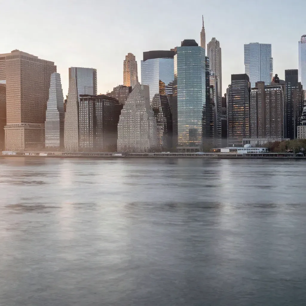 Lower Manhattan skyline over the Hudson at blue hour with silver haze and wet reflections.