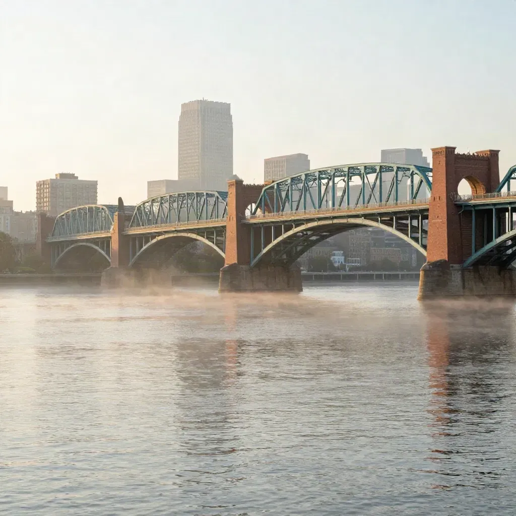 Longfellow Bridge over the Charles at sunrise with mist, calm water, and Boston towers in haze