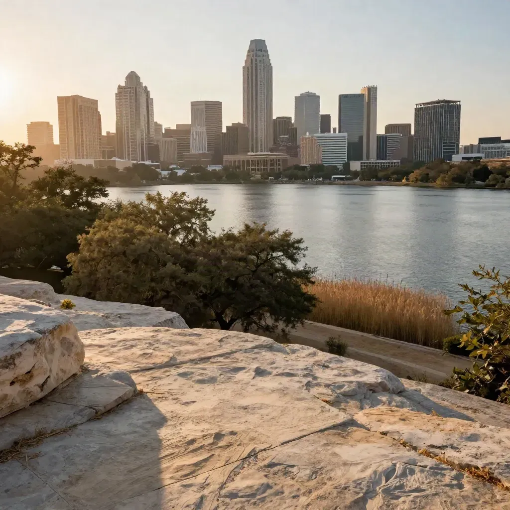 Austin skyline above Lady Bird Lake at sunset, with oaks and limestone foreground.