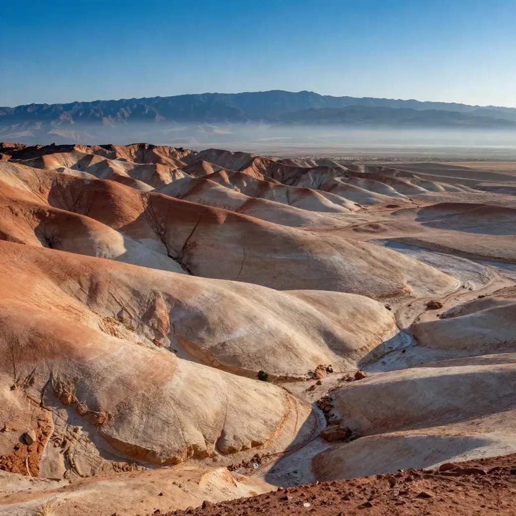 Terracotta plains and low mountains at dawn with space for headline text